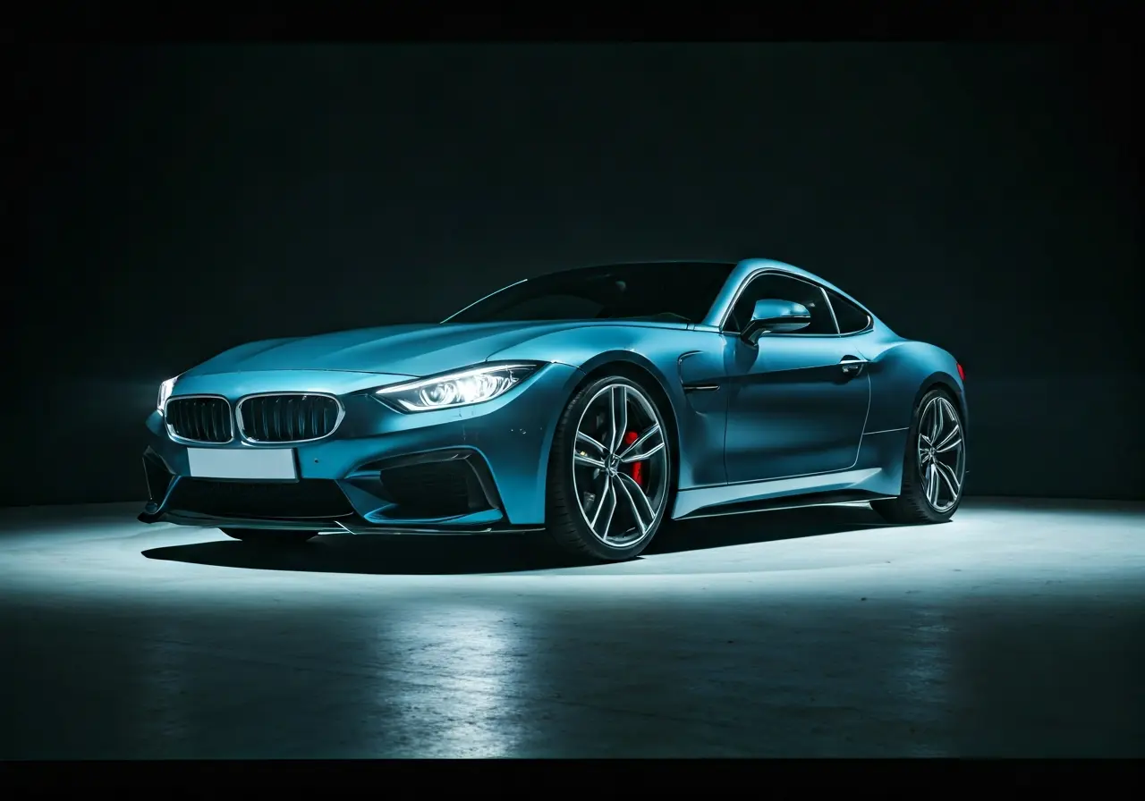 A sleek car reflecting the glossy finish under bright lights. 35mm stock photo
