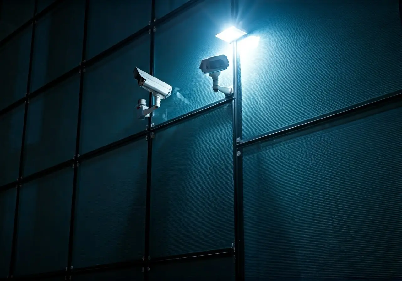 A secure office building with surveillance cameras and bright lighting. 35mm stock photo