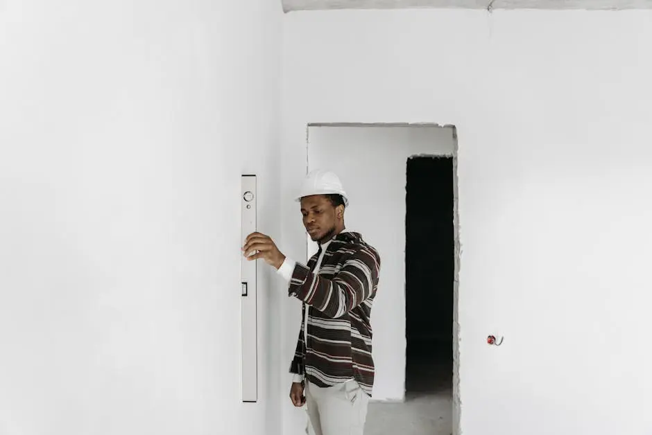 Architect wearing hard hat checks wall alignment in a renovation project.