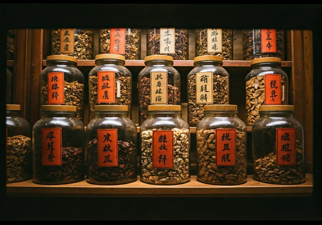 A serene Chinese herbal medicine shop with jars of herbs. 35mm stock photo