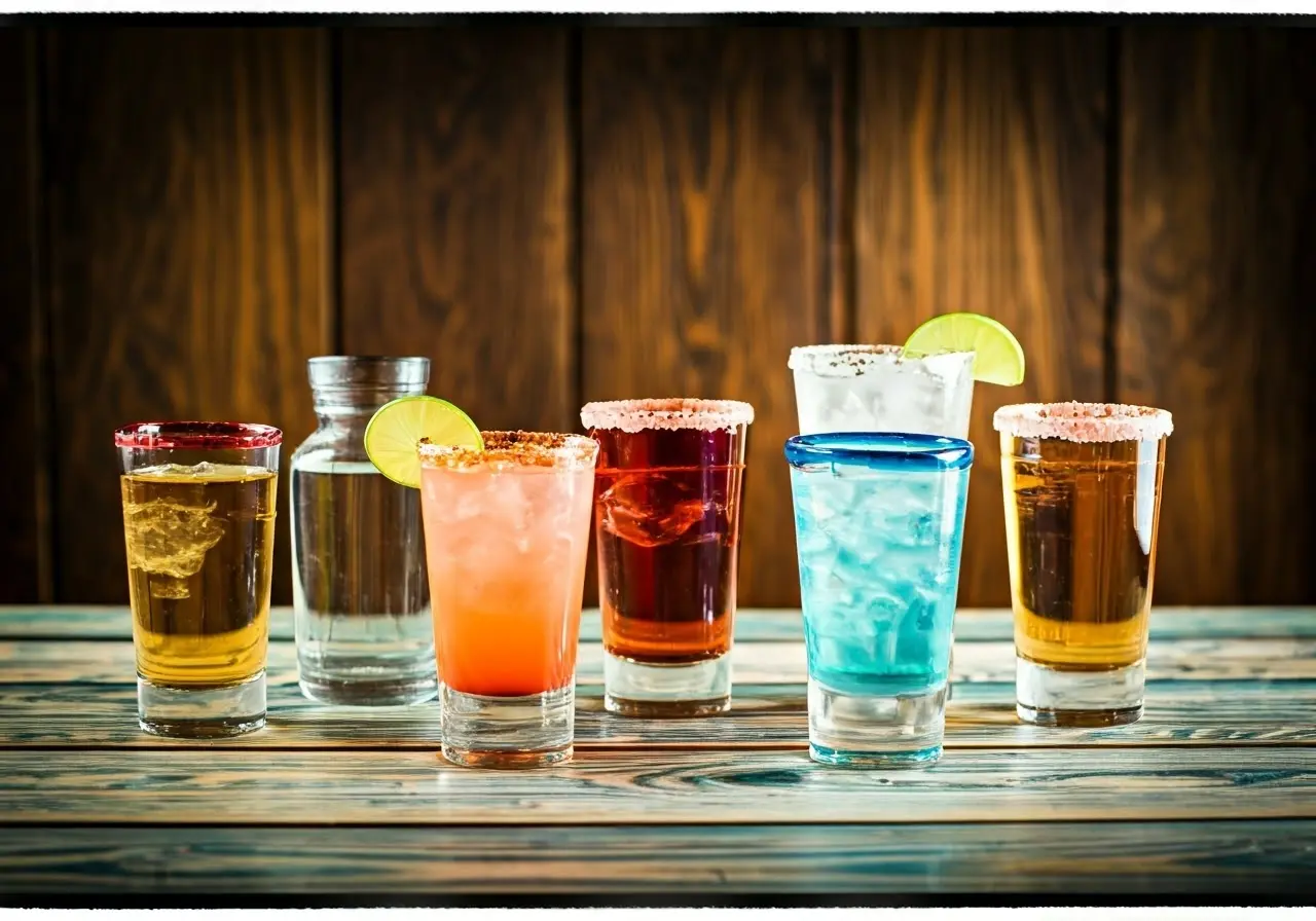 A colorful assortment of tequila cocktails on a rustic bar. 35mm stock photo