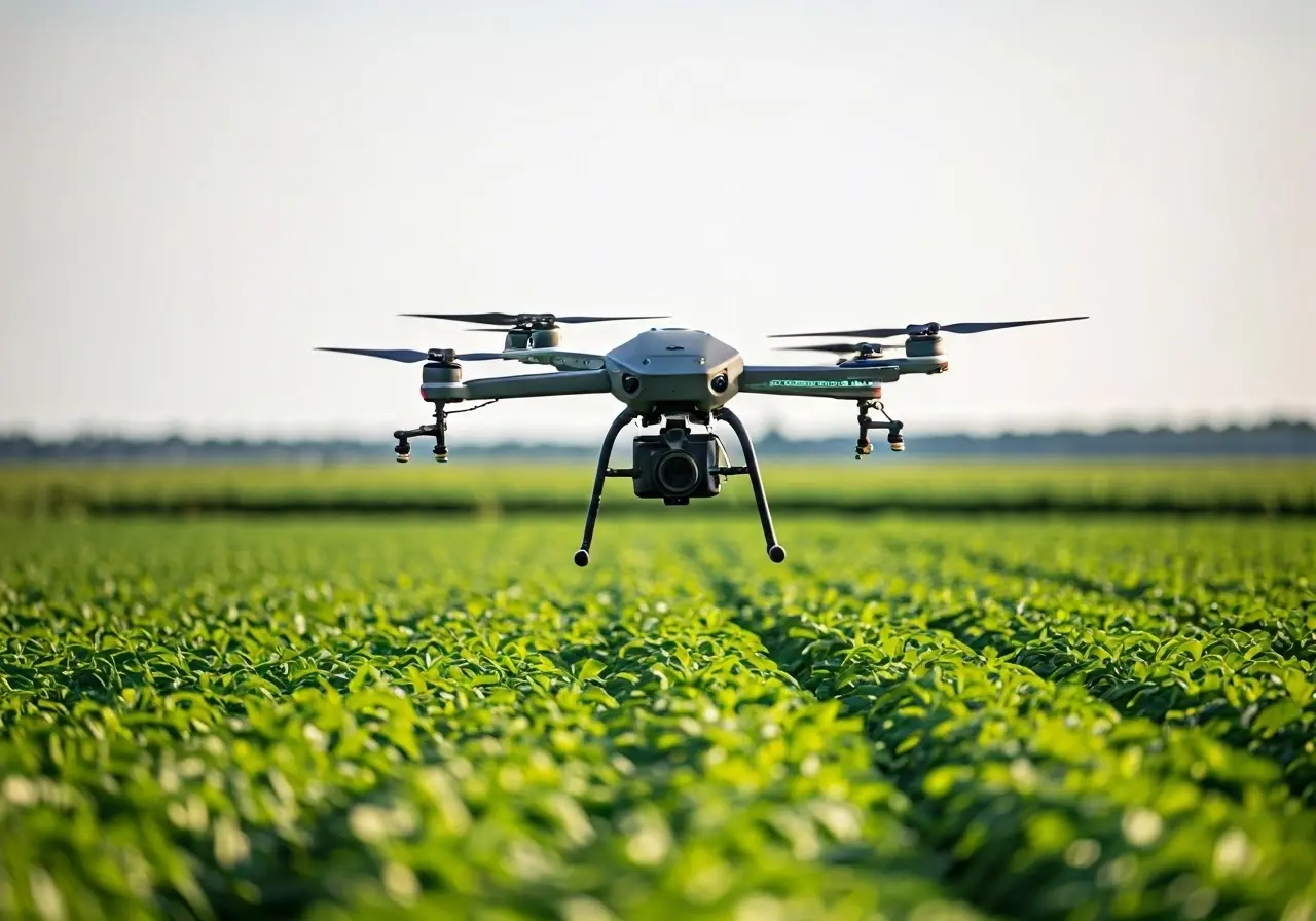 A DJI Agras drone spraying crops in a large field. 35mm stock photo