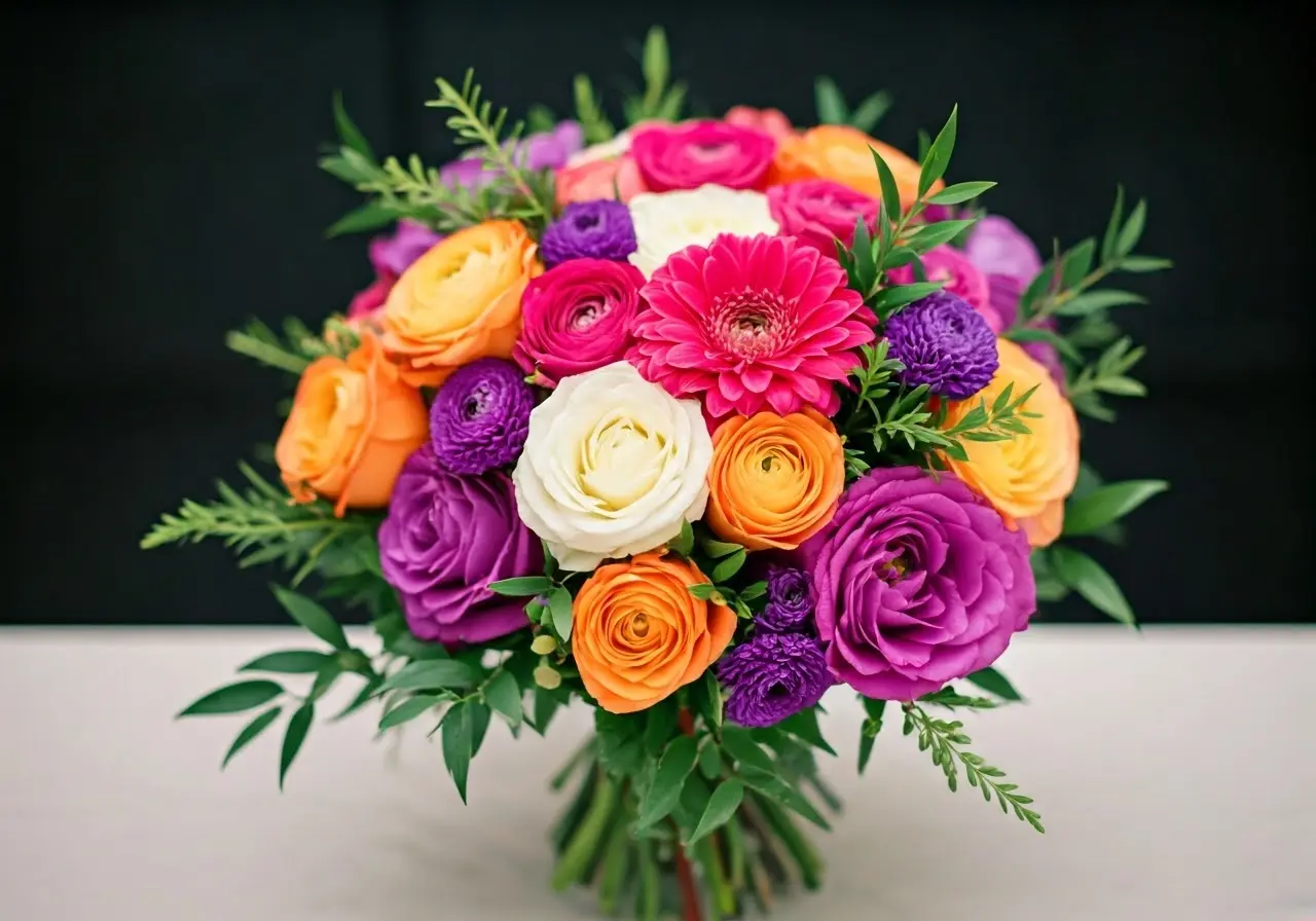 A vibrant centerpiece with a diverse, colorful bouquet arrangement. 35mm stock photo