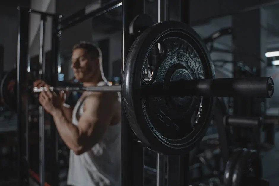 Muscular man lifting a barbell in a dimly lit gym setting.