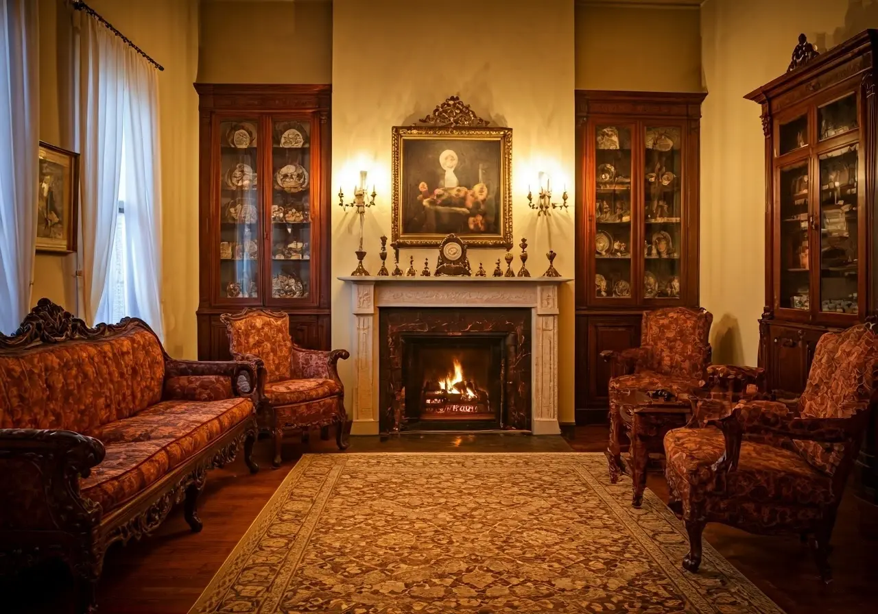 A cozy living room with elegant antique furniture displayed. 35mm stock photo