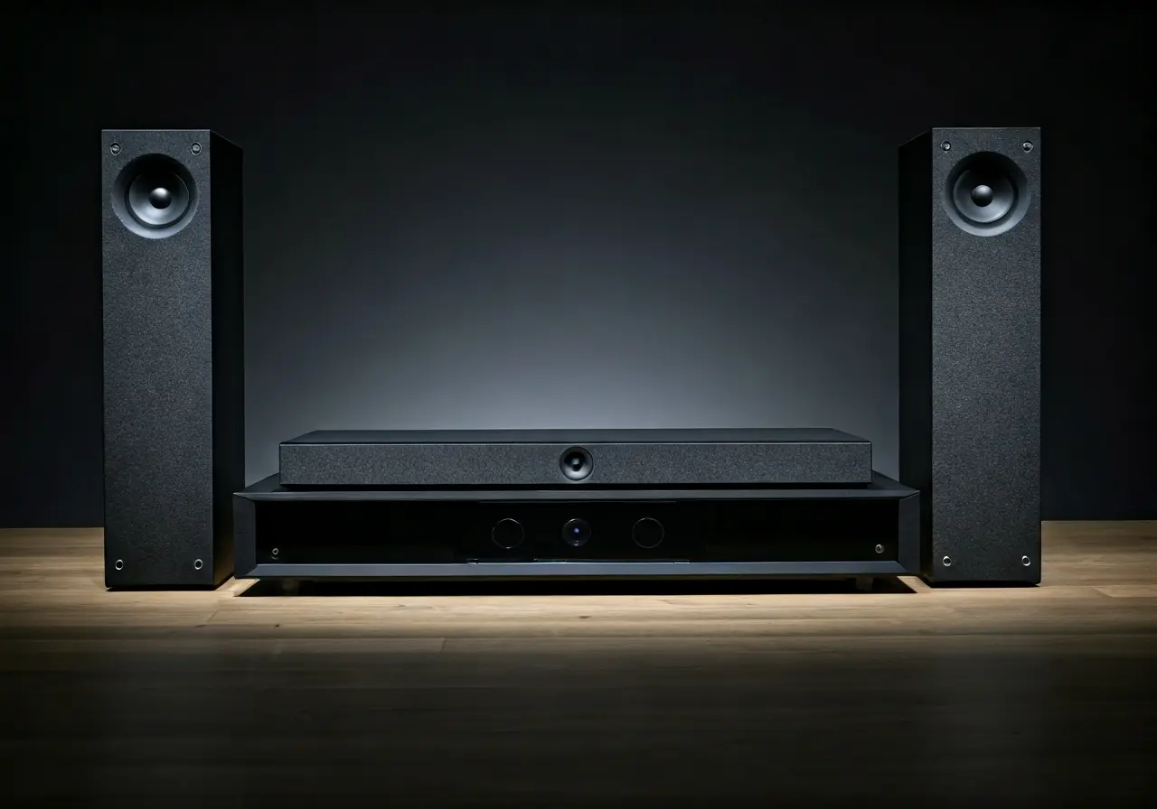 A sleek 5.1 home theater system in a modern living room. 35mm stock photo