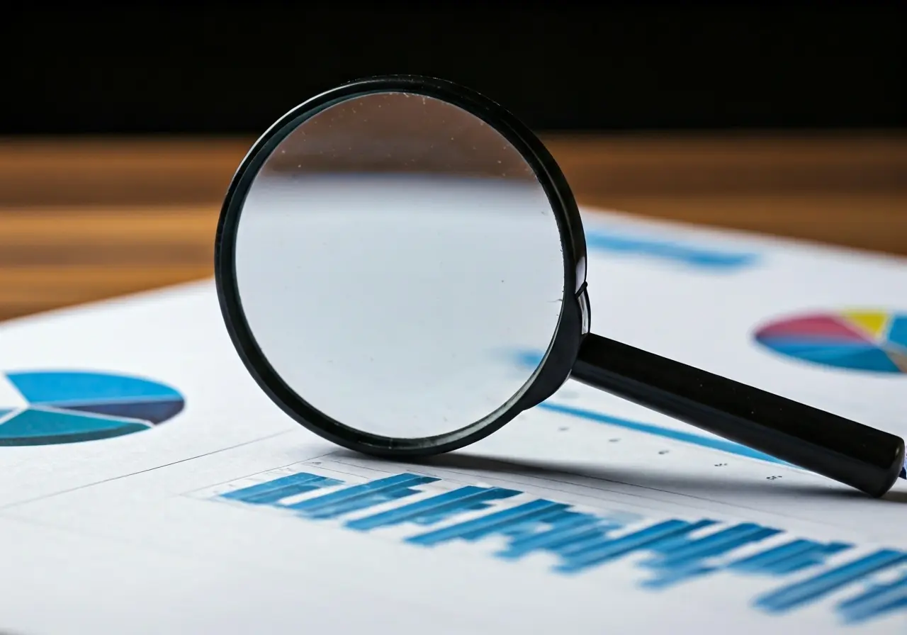 A magnifying glass highlighting graphs and charts on paper. 35mm stock photo