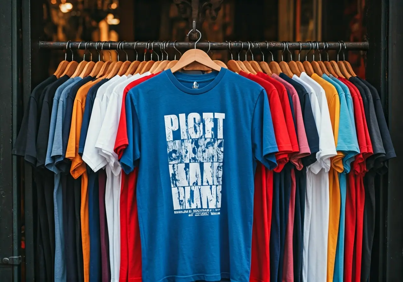 A colorful assortment of political t-shirts hanging on a rack. 35mm stock photo