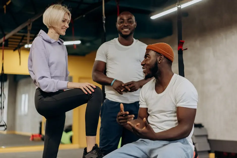 Happy group of friends engaging in fitness training at the gym, promoting healthy lifestyle.