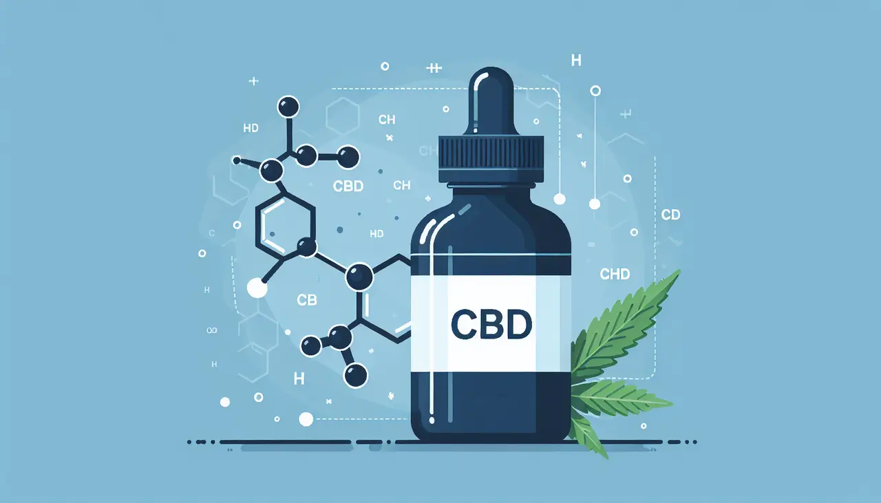 Draw a graphic in flat design style. Illustrate a flat design style image of a CBD oil bottle, with molecular structures of hydroxy derivatives softly overlaying the background, keeping the image clean and uncluttered.