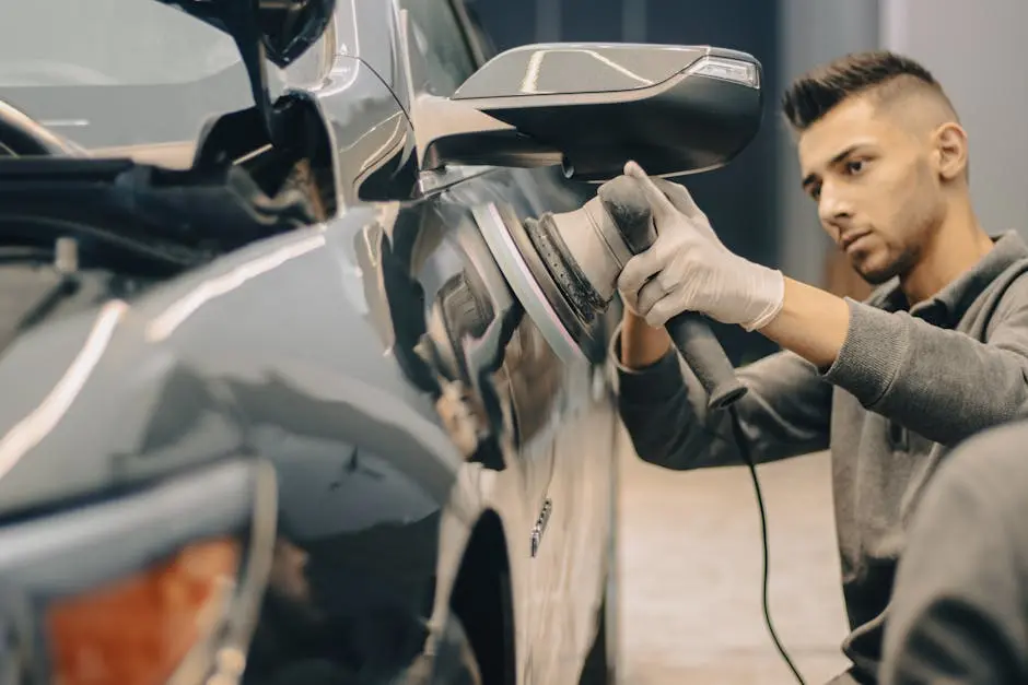 A focused worker polishes a vehicle with precision, enhancing its shine indoors.