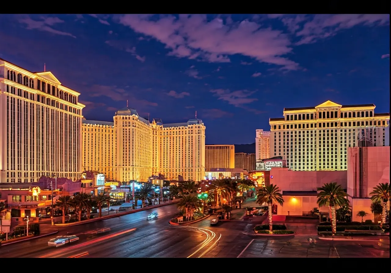 A cityscape view of Las Vegas with bright neon signs. 35mm stock photo
