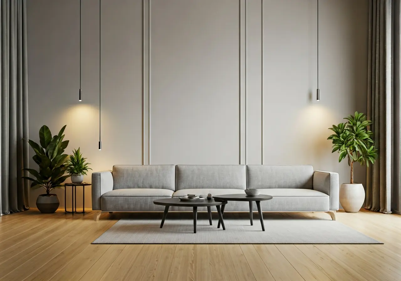 A modern living room featuring smart automated lighting systems. 35mm stock photo