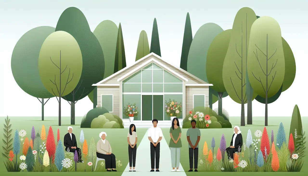 Draw a graphic in flat design style. A calm, minimalist illustration of an eco-friendly funeral home surrounded by green trees and wildflowers, with a small group of people gathered, depicting a serene and natural setting.