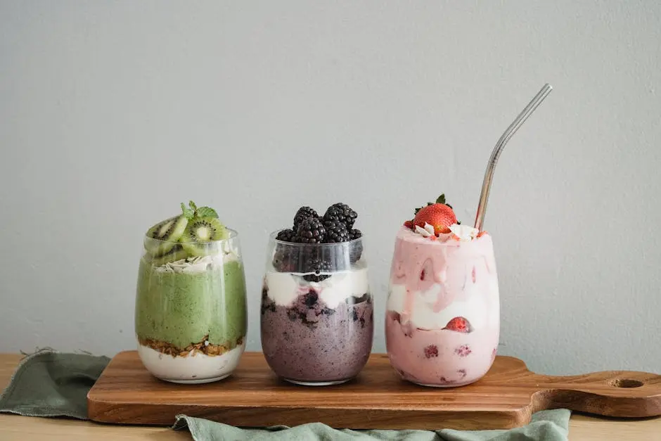 Colorful homemade fruit smoothies with kiwi, blackberry, and strawberry on a wooden board.