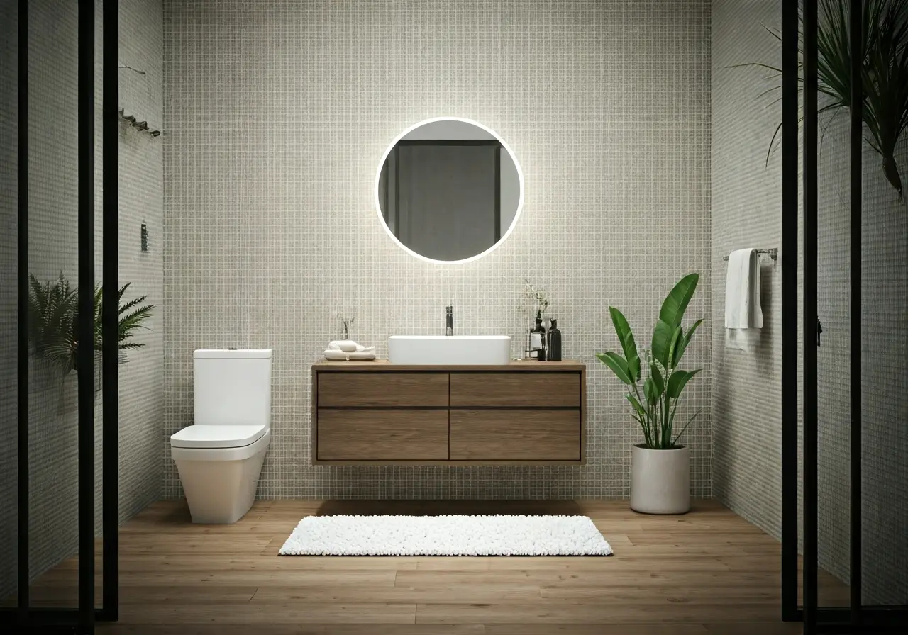 A tranquil, modern bathroom with soothing neutral colors and plants. 35mm stock photo
