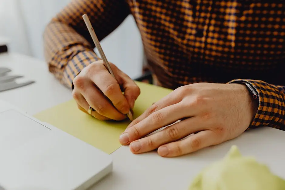 Close-up of a person writing on yellow paper, displaying clear handwriting and attention to detail.