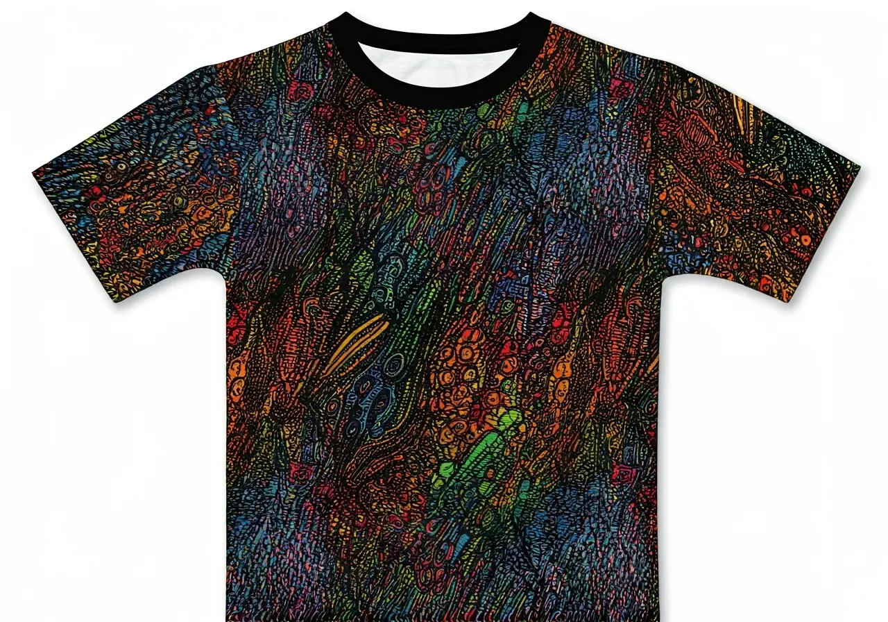A vibrant T-shirt with colorful, abstract artistic designs displayed. 35mm stock photo