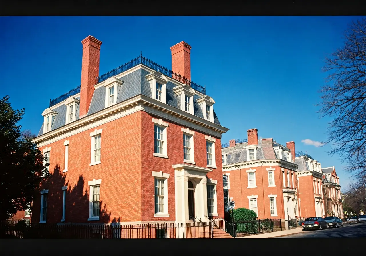 A historic Washington D.C. townhouse against a sunny blue sky. 35mm stock photo