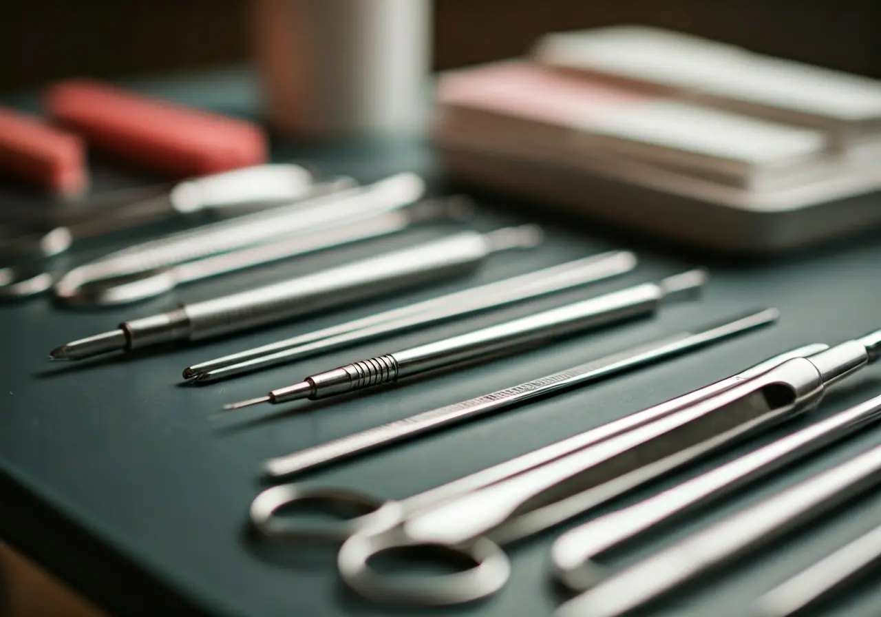 A collection of various lip injection tools on a table. 35mm stock photo