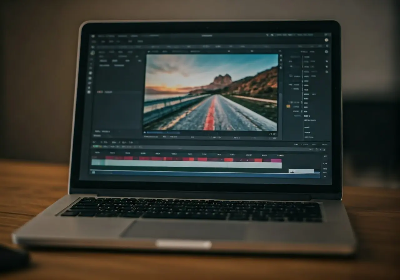 A laptop displaying video editing software with marketing graphs. 35mm stock photo