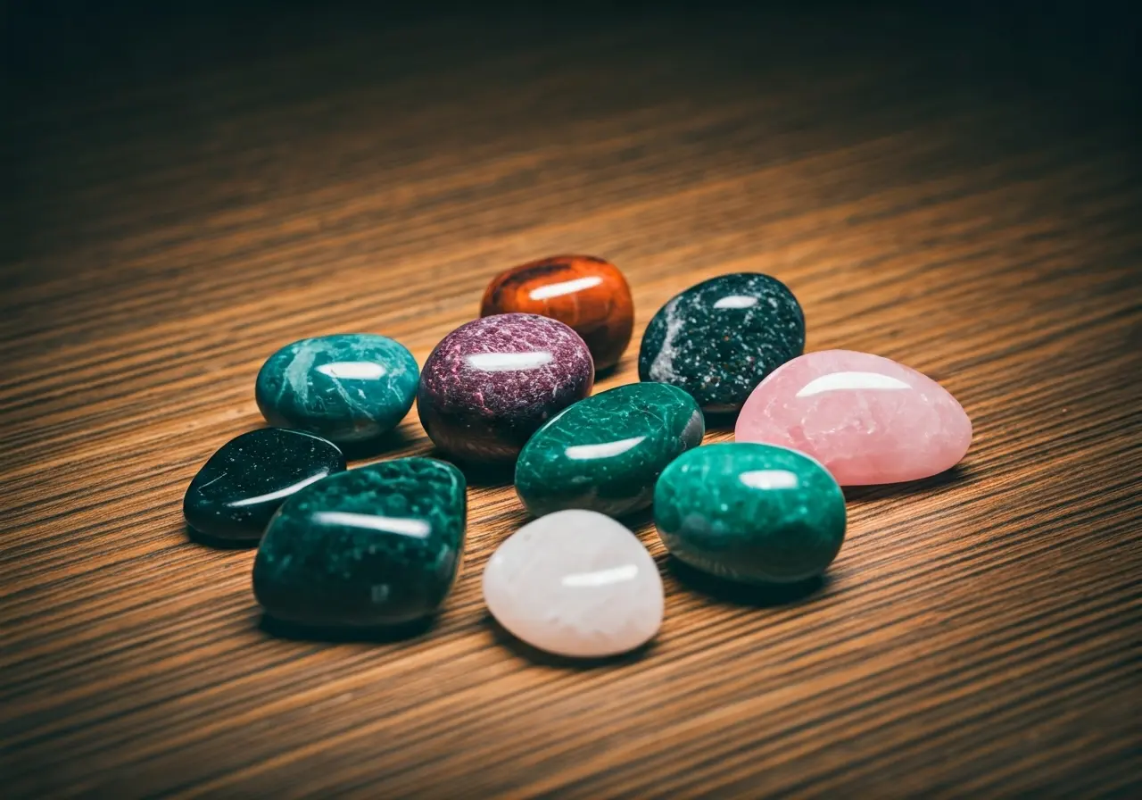 A collection of colorful protection crystals on a wooden table. 35mm stock photo