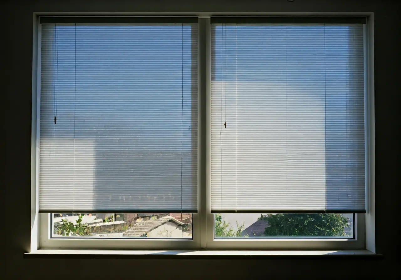 Modern smart shades closing on a sunny window. 35mm stock photo