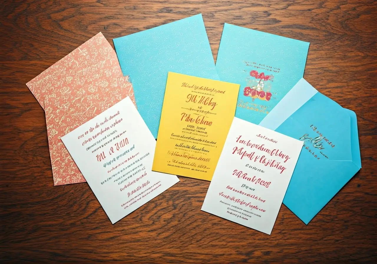 A colorful assortment of personalized party invitations on a table. 35mm stock photo