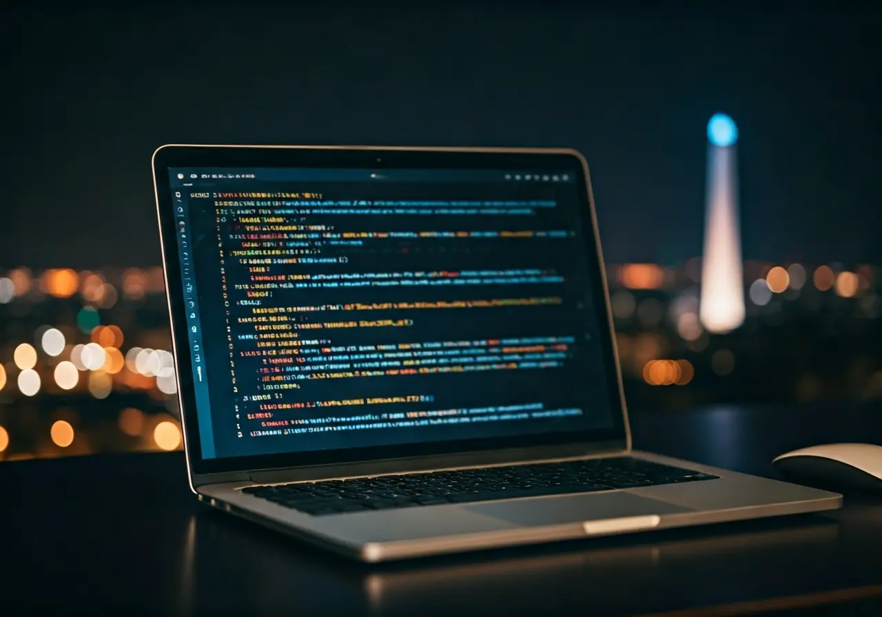 A sleek laptop displaying code, set against Washington DC skyline. 35mm stock photo