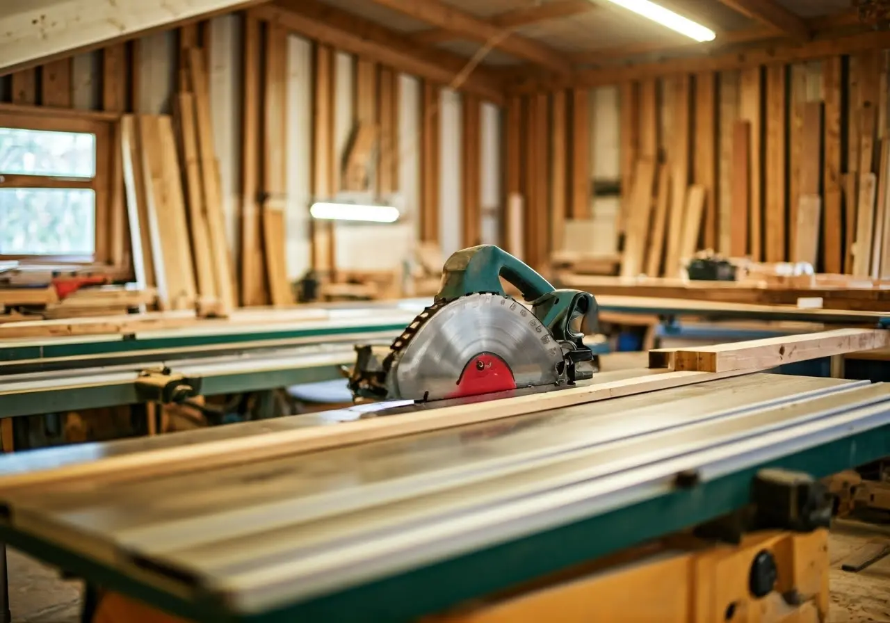 A modern workshop featuring a table saw with wood pieces. 35mm stock photo