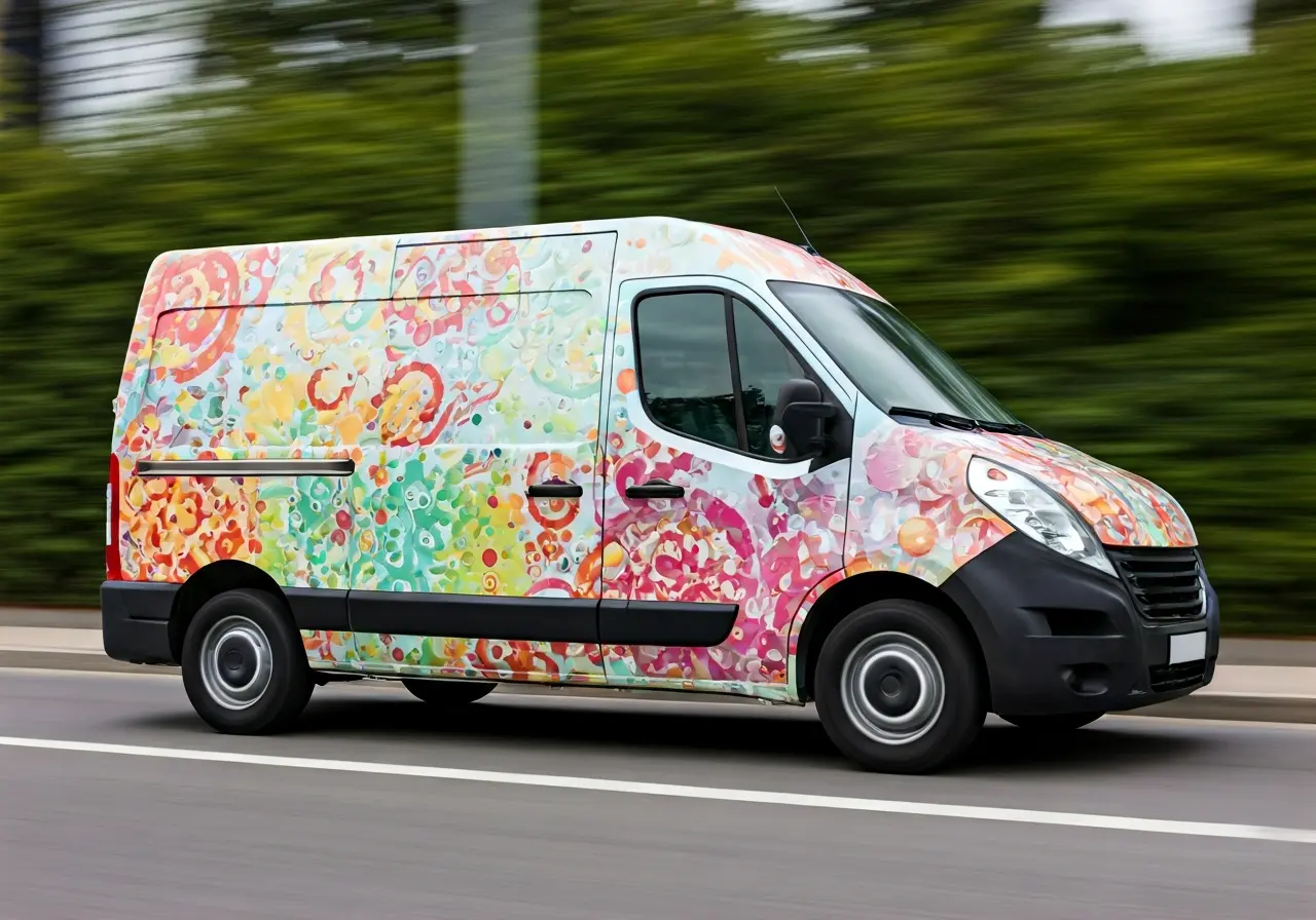 A delivery van with colorful advertising graphics on the road. 35mm stock photo