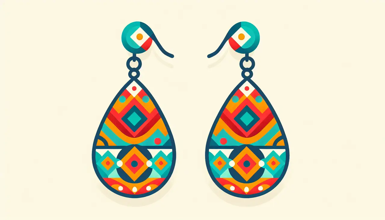 Draw a graphic in flat design style. A pair of bright, colorful teardrop earrings with intricate geometric patterns on a plain white background in flat design style.