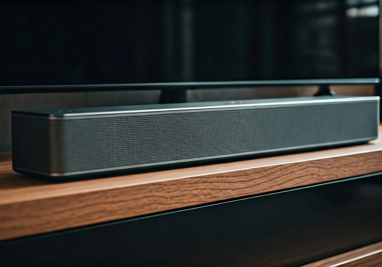 A sleek Bose Soundbar 700 placed under a modern TV. 35mm stock photo