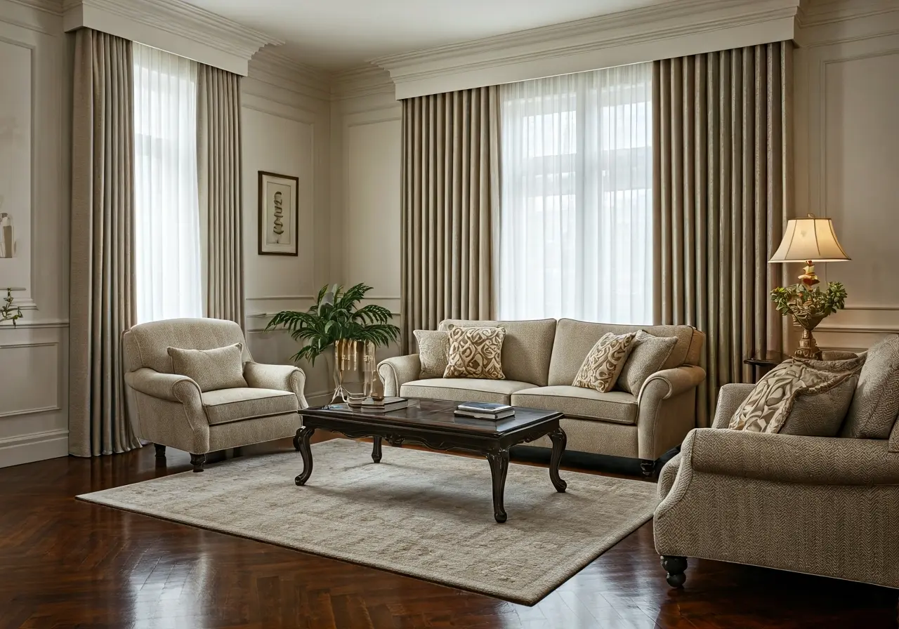 A tidy living room with elegant, neutral-toned furnishings. 35mm stock photo