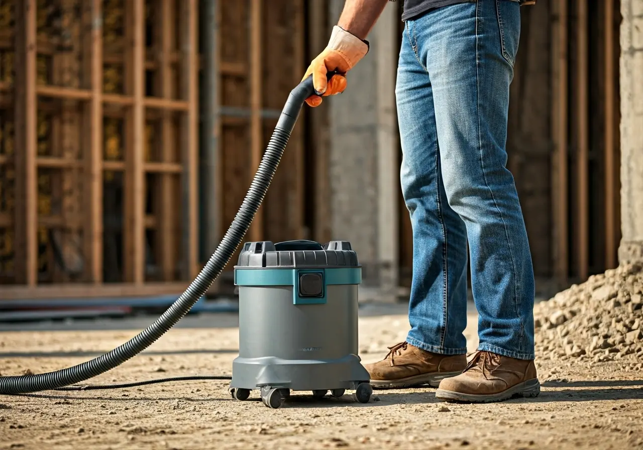 A professional using a vacuum tool on a construction site. 35mm stock photo