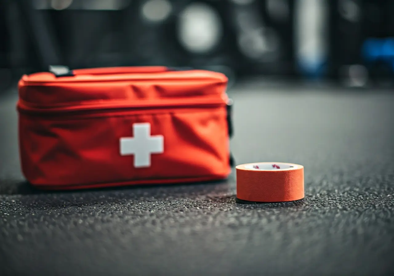 A first aid kit and athletic tape on a gym floor. 35mm stock photo