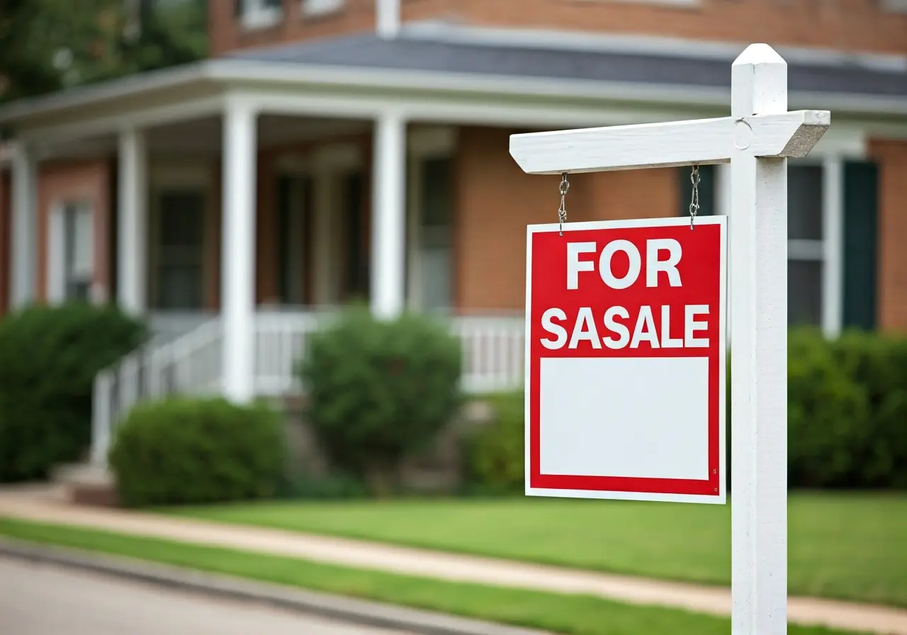 A For Sale sign in front of a Baltimore house. 35mm stock photo