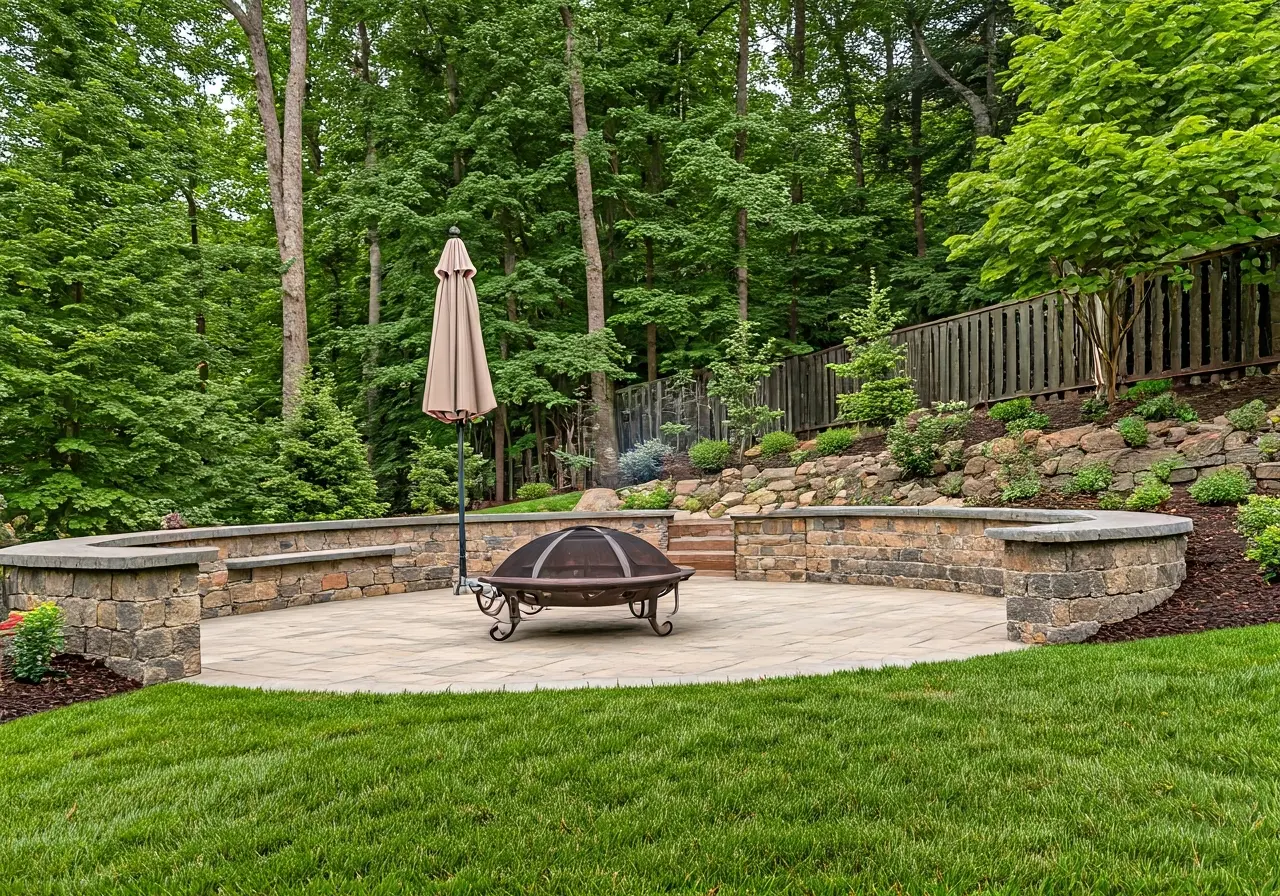 A landscaped backyard with a custom stone patio and fire pit. 35mm stock photo