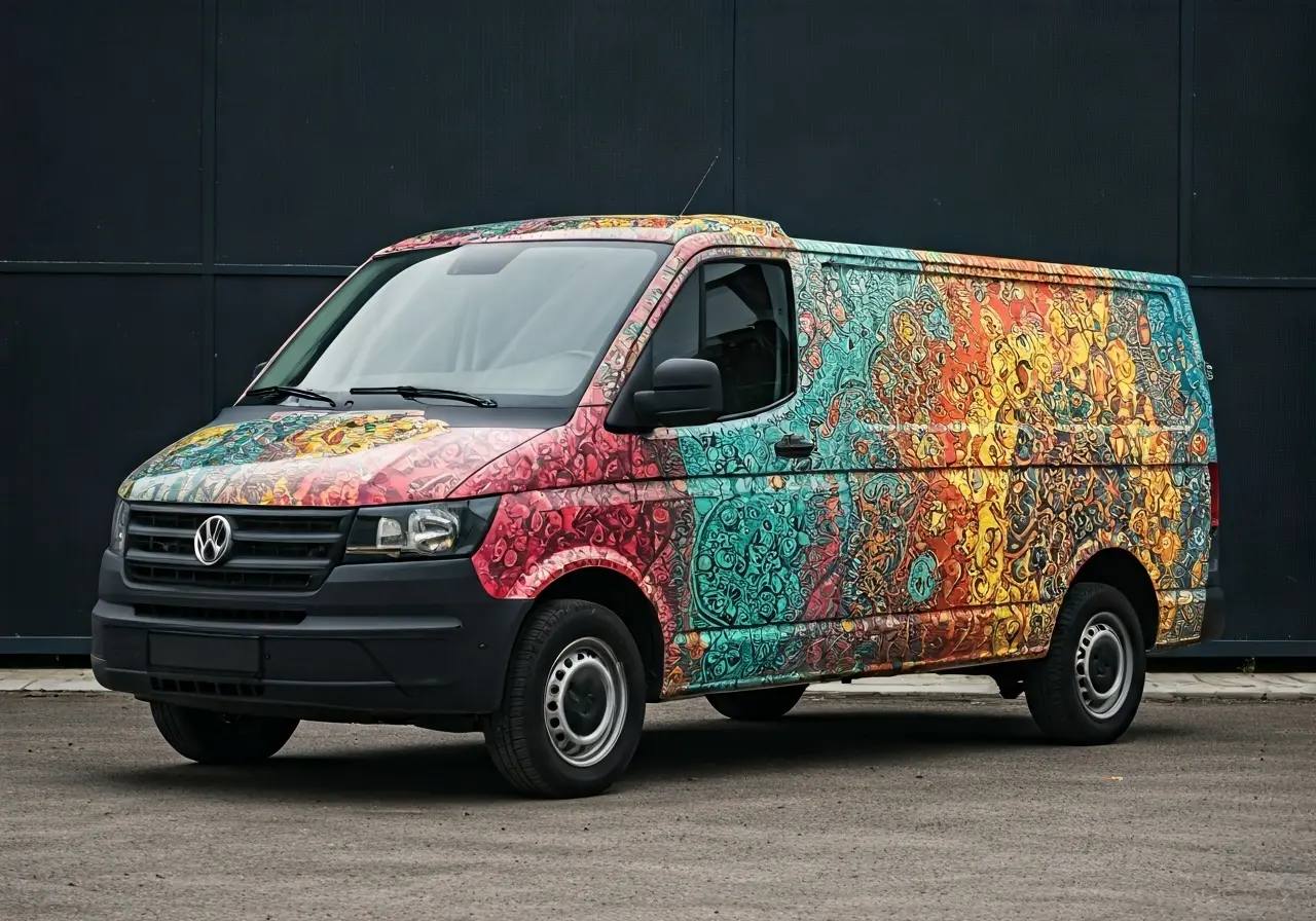 A colorful van with a vibrant commercial wrap design. 35mm stock photo
