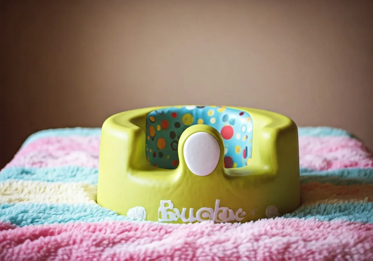 A colorful Bumbo seat on a soft, pastel baby blanket. 35mm stock photo