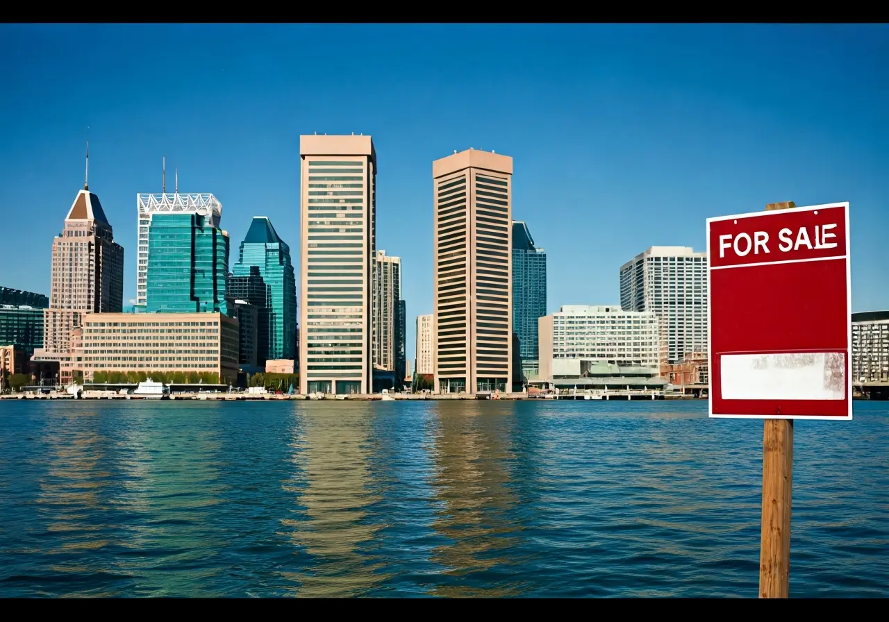 A Baltimore cityscape with a for-sale sign in the foreground. 35mm stock photo