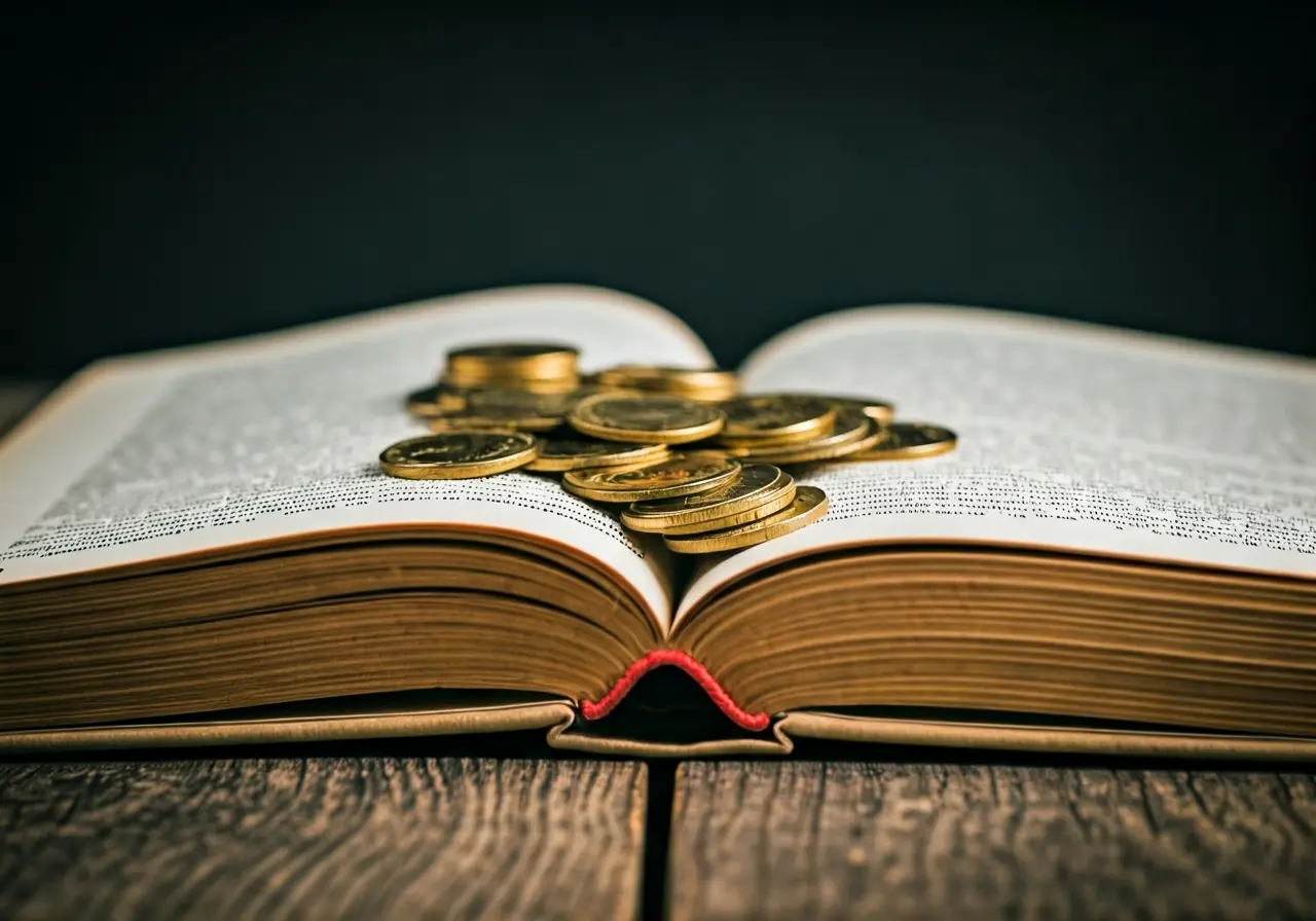 An open book with golden coins scattered on top. 35mm stock photo