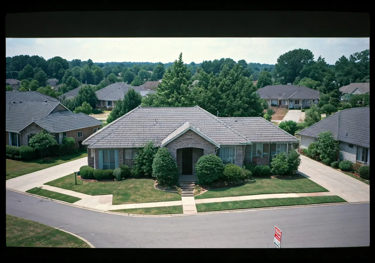 Aerial view of suburban Atlanta homes with For Sale sign. 35mm stock photo