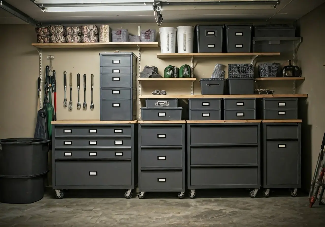 A neatly organized garage with labeled storage bins and shelves. 35mm stock photo