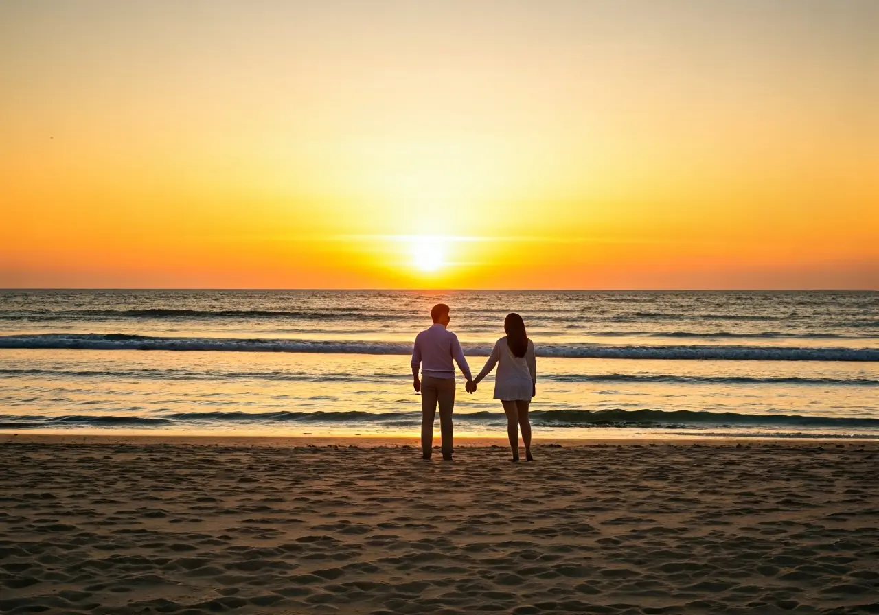 A couple holding hands on a peaceful beach at sunset. 35mm stock photo