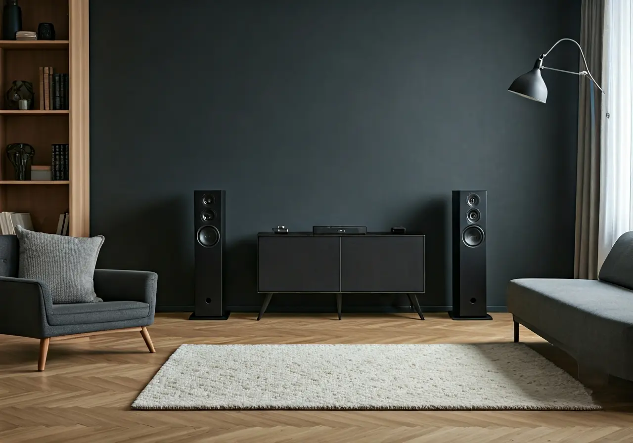 Modern living room with wireless surround sound speakers setup. 35mm stock photo