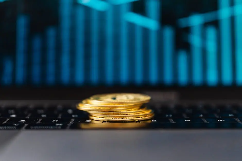 Stack of gold coins on a laptop keyboard with a rising graph, symbolizing financial growth.
