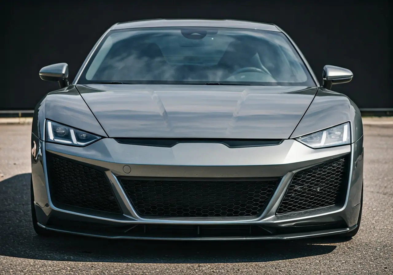 A sleek car with stylized logo on the front hood. 35mm stock photo