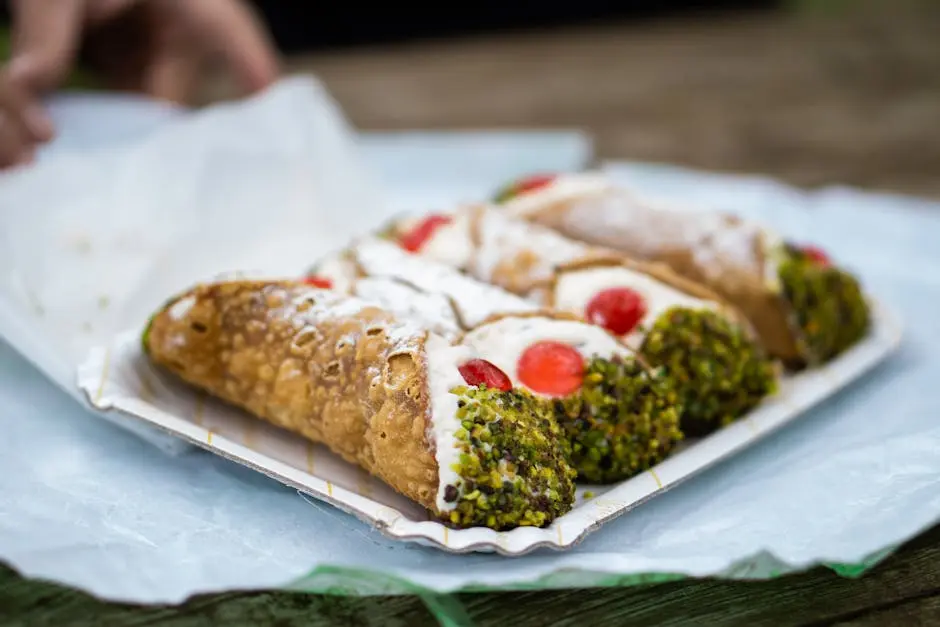 Close-up of classic Italian cannolis filled with creamy ricotta and topped with pistachios.