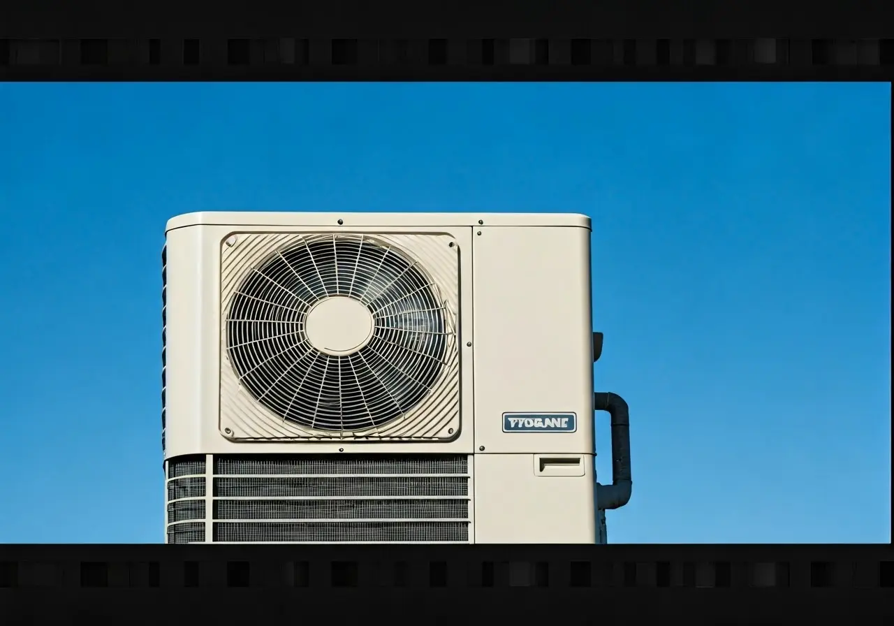 Trane HVAC unit with a clear blue sky background. 35mm stock photo